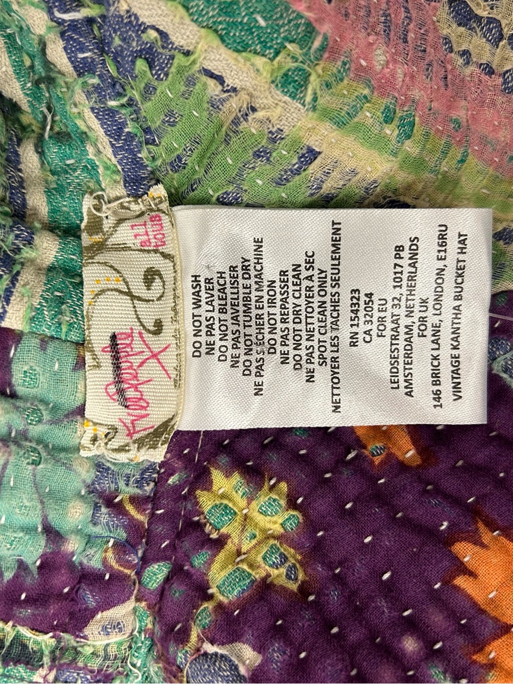 Free People Blue Embroidered Vintage Kantha Bucket Hat with Green and Tan Accent - Picture 4 of 4
